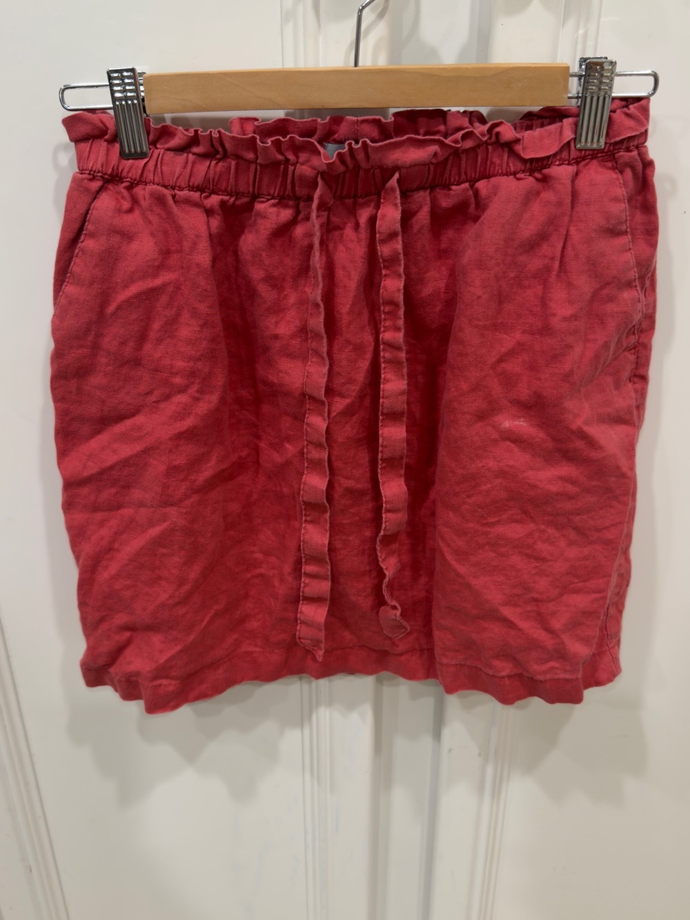 100% Linen Kenar Red Drawstring Paperbag Waist Skirt